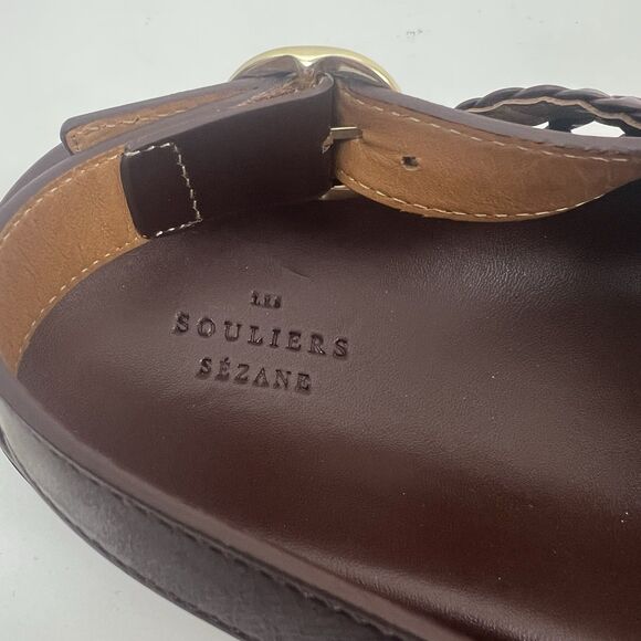 Sezane Tilda Low Sandals Size 9 Brown Smooth Woven Leather Flats Buckle Shoes - Picture 10 of 16